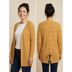 Pinque Jamelya Lace Up Back Detail Open Front Cardigan Sweater Mustard Honey | M